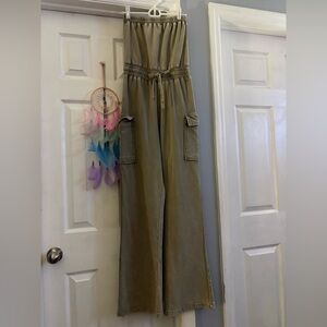 Olive Wide-Leg Utility Jumpsuit with Drawstring Waist